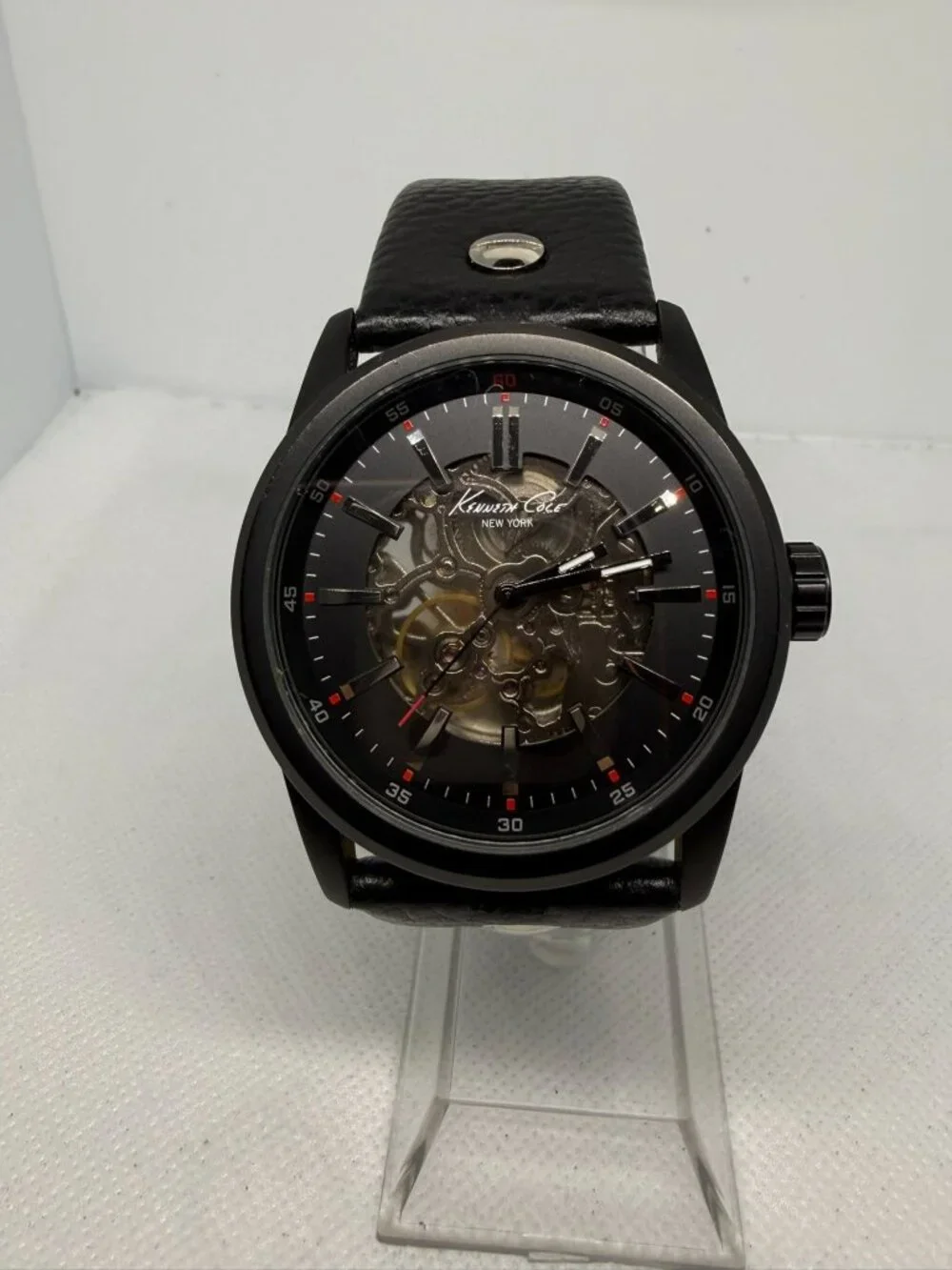 Kenneth Cole NY KC1550 Automatic Skeleton Black Dress Croc Leather Watch